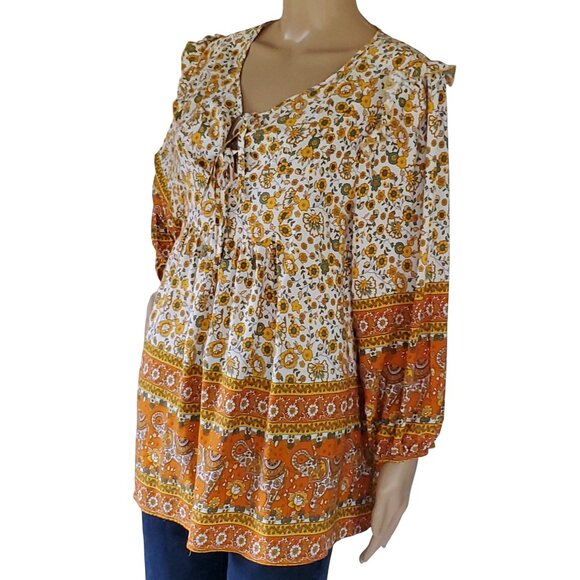 Cottage Core Peasant Boho Tunic Top Blouse Womens L Elephant Flowers Autumn Fall - Picture 2 of 16
